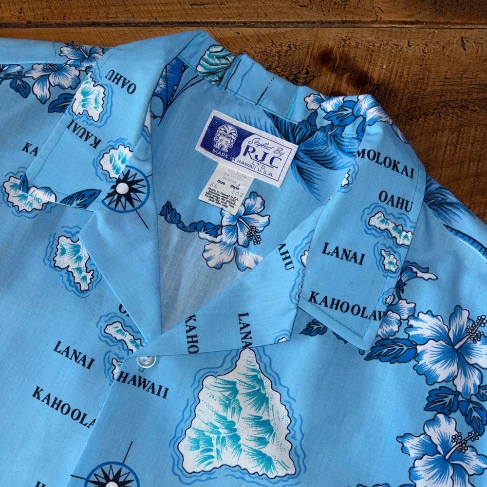 VINTAGE Styled By RJC Made In Hawaii Blue‎ Hawaiian Tropical Graphic Shirt XL